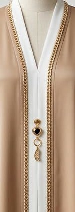 Gold braid and jewelled brooch on the Camel Gold Trim Abaya