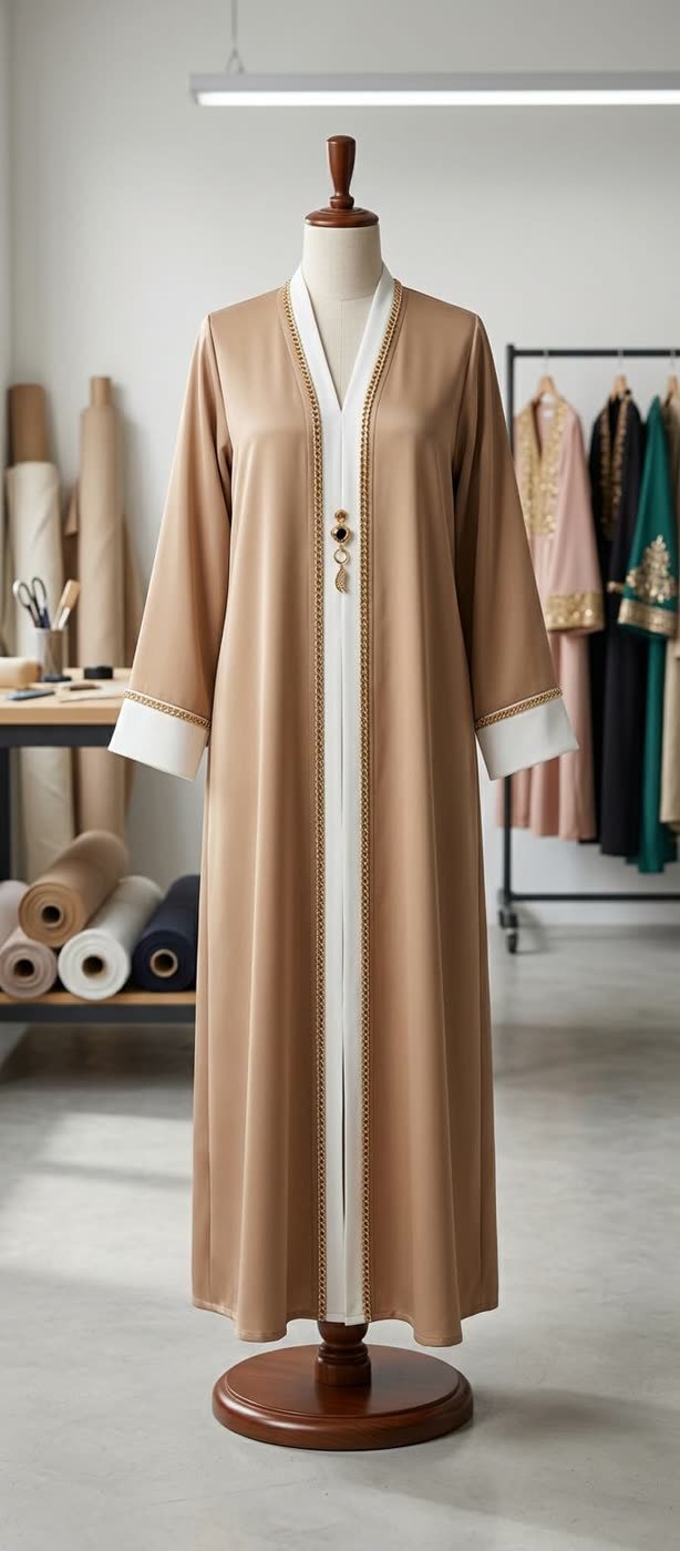 Camel Gold Trim Abaya on a dress form