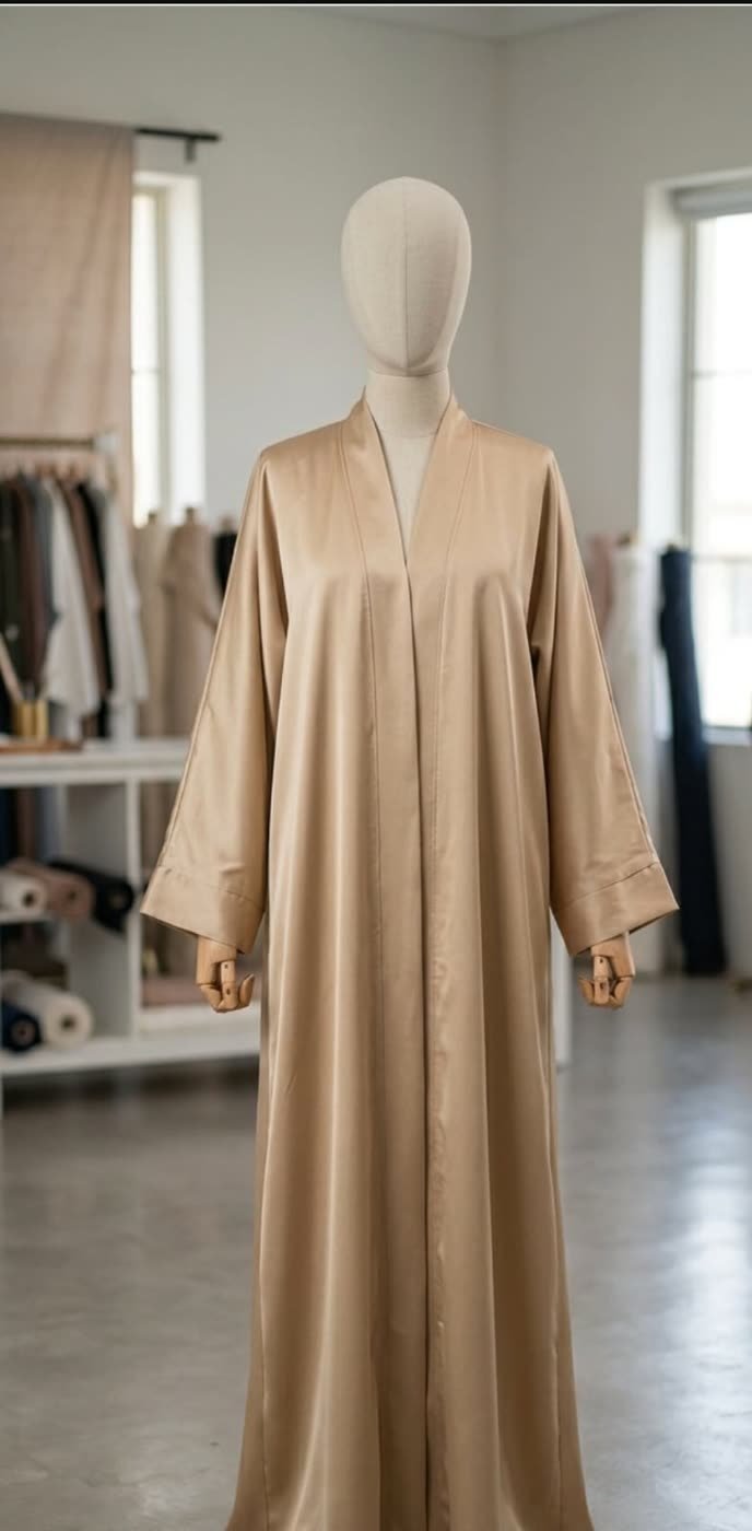 Champagne Satin Abaya on a dress form
