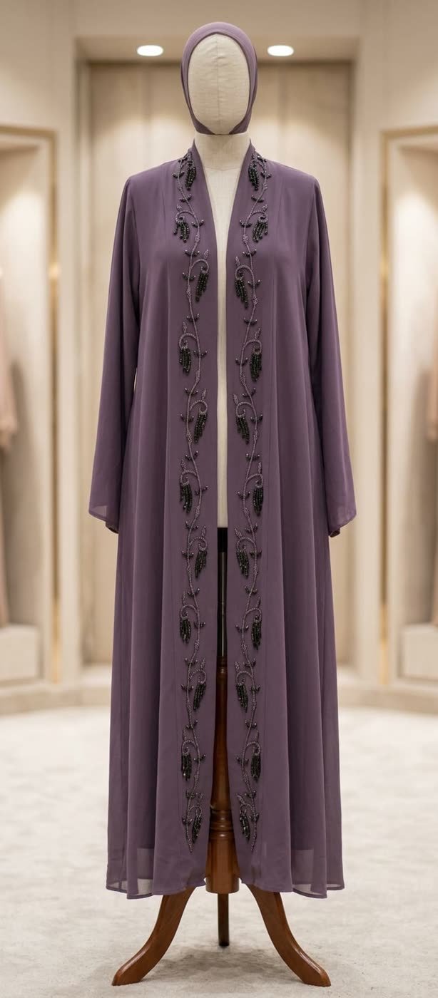 Lilac Chiffon Vine Abaya on a dress form