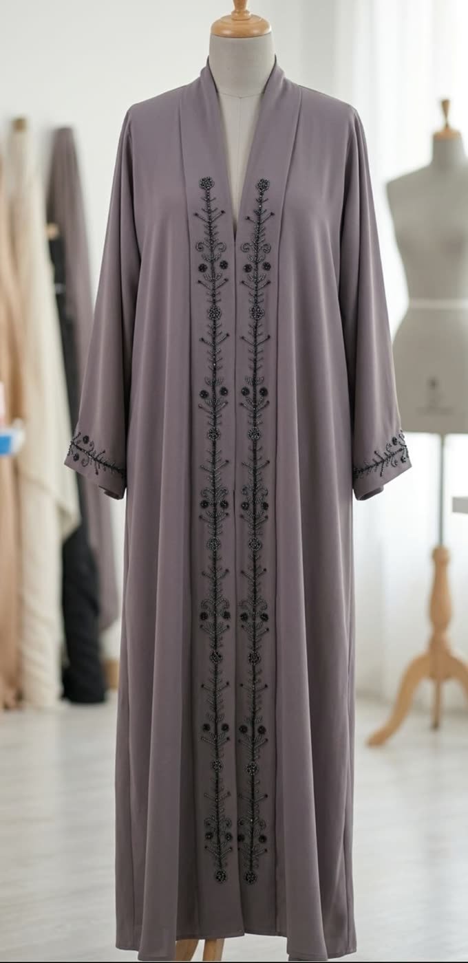 Lilac Grey Beaded Vine Abaya on a dress form