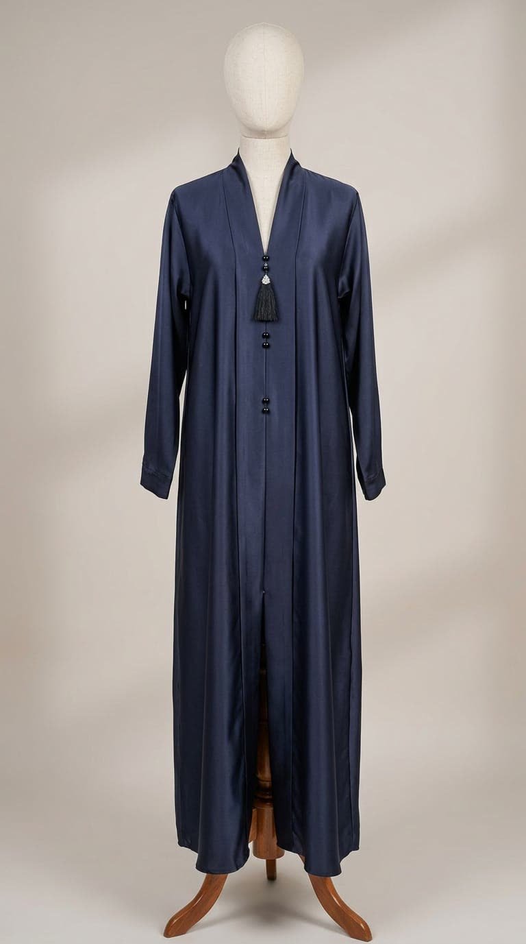 Navy Satin Tassel Abaya on a dress form