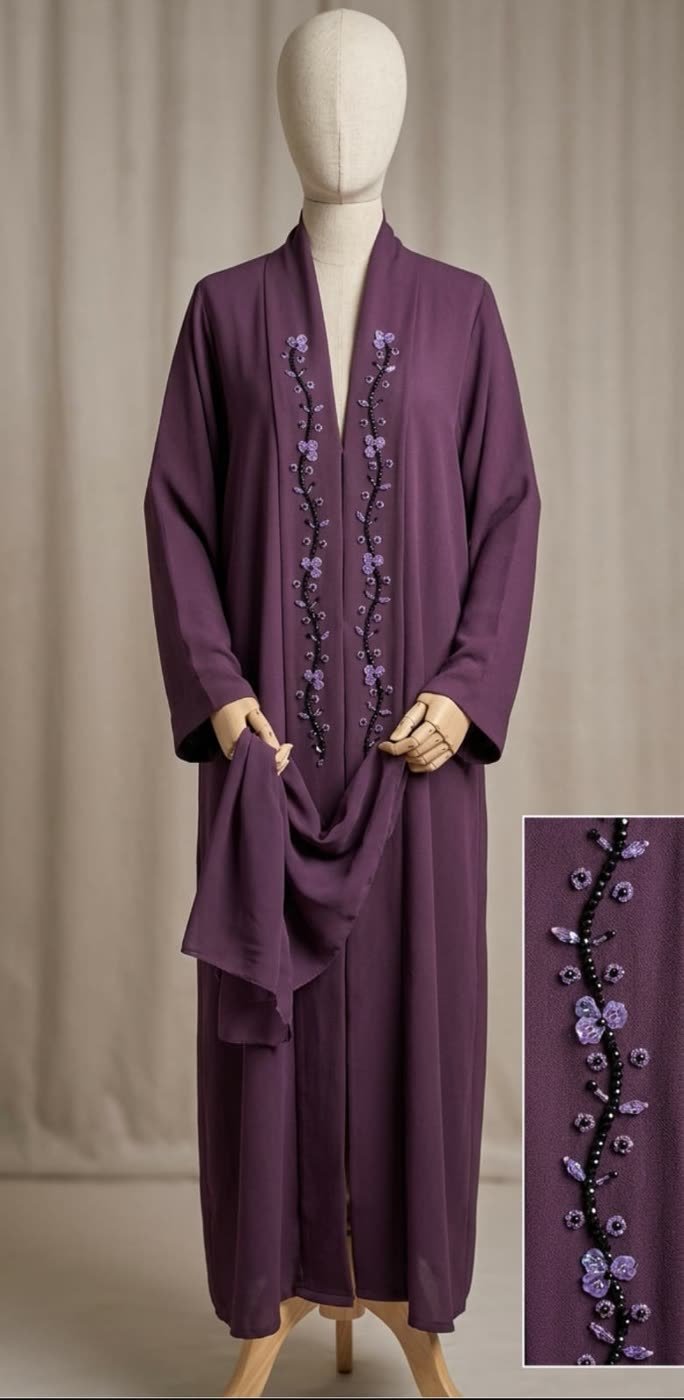 Plum Crystal Blossom Abaya on a dress form