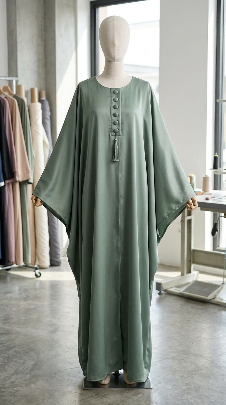 Sage Button & Tassel Abaya on a dress form