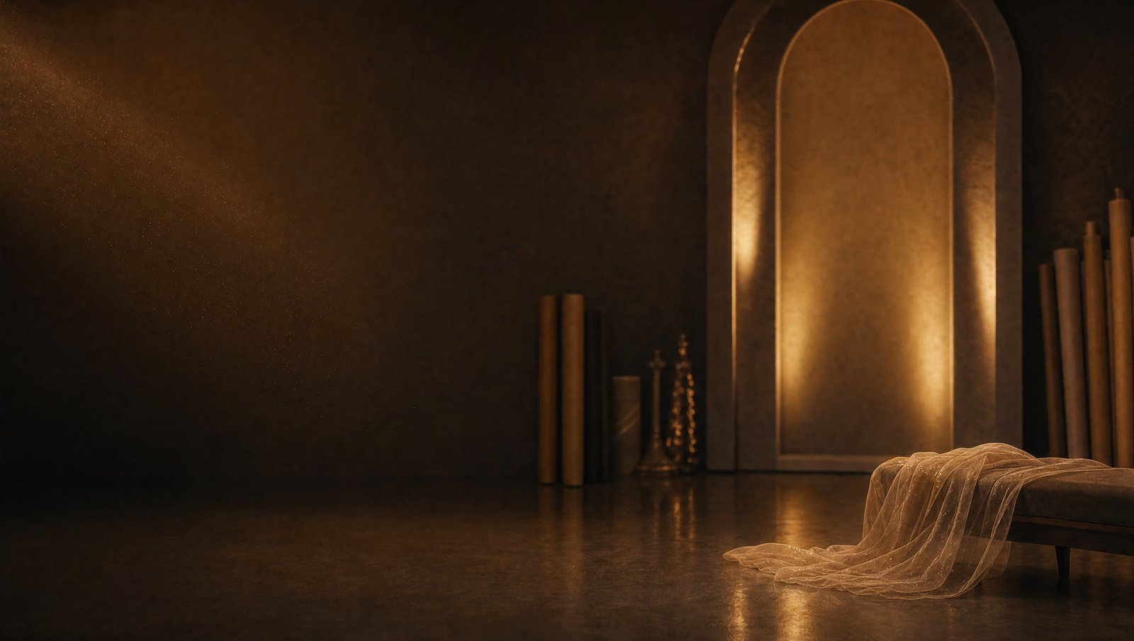 A softly lit atelier with a glowing arch and rolls of fabric